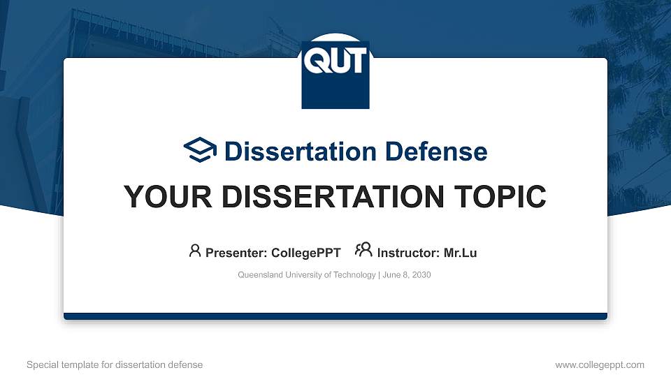 Queensland University of Technology Graduation Thesis Defense PPT Template16:9 ratio PPT effect preview image