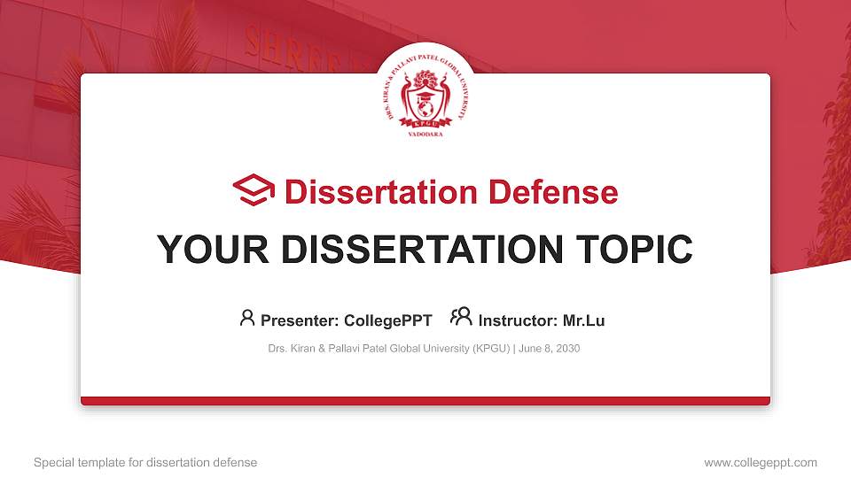 Drs. Kiran & Pallavi Patel Global University (KPGU) Graduation Thesis Defense PPT Template16:9 ratio PPT effect preview image