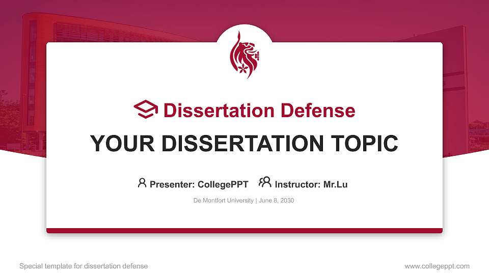 De Montfort University Graduation Thesis Defense PPT Template16:9 ratio PPT effect preview image