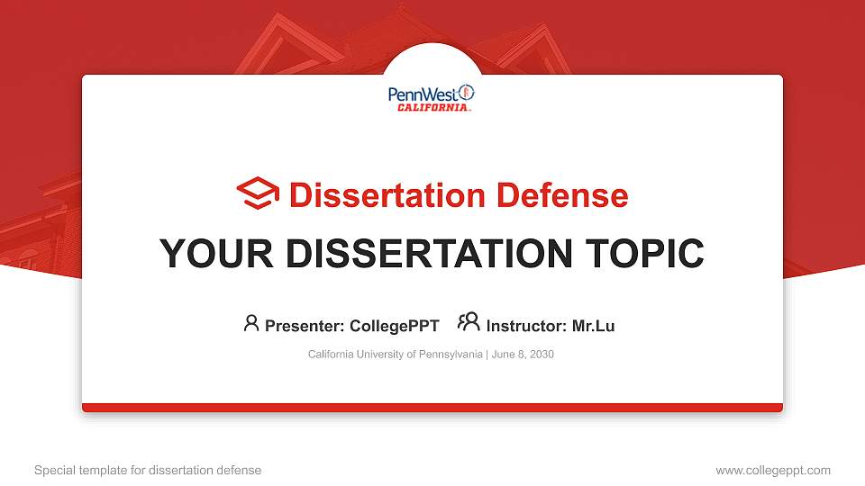 California University of Pennsylvania Graduation Thesis Defense PPT Template16:9 ratio PPT effect preview image