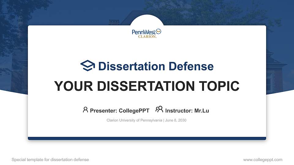 Clarion University of Pennsylvania Graduation Thesis Defense PPT Template16:9 ratio PPT effect preview image