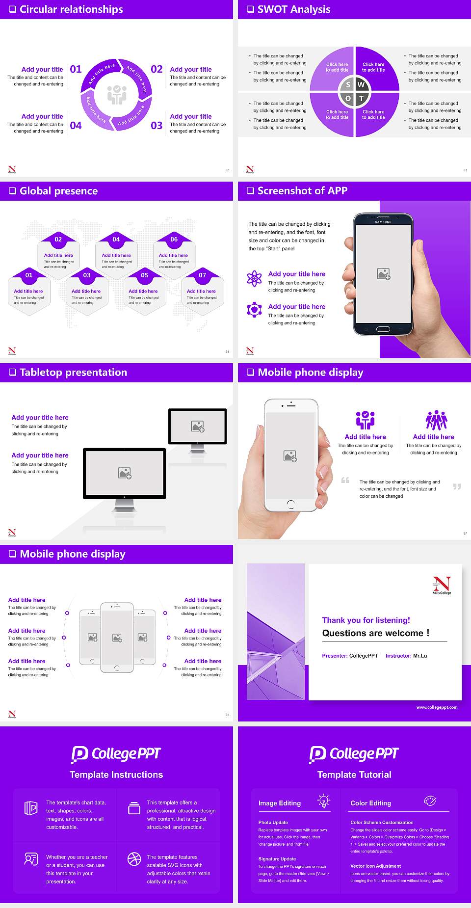 Mills College General Purpose PPT Template4:3 ratio PPT effect preview image5