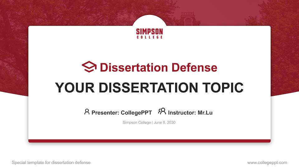 Simpson College Graduation Thesis Defense PPT Template16:9 ratio PPT effect preview image