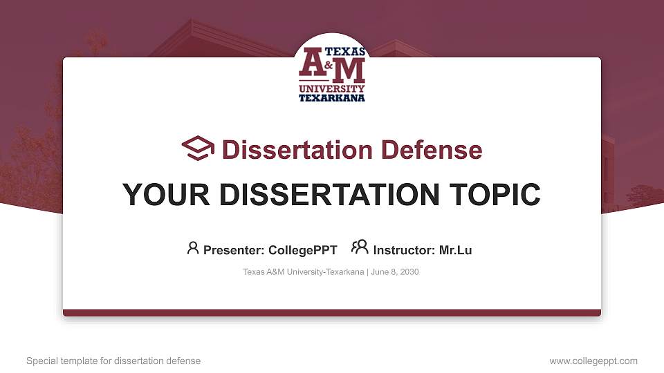 Texas A&M University-Texarkana Graduation Thesis Defense PPT Template16:9 ratio PPT effect preview image
