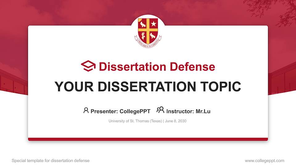 University of St. Thomas (Texas) Graduation Thesis Defense PPT Template16:9 ratio PPT effect preview image