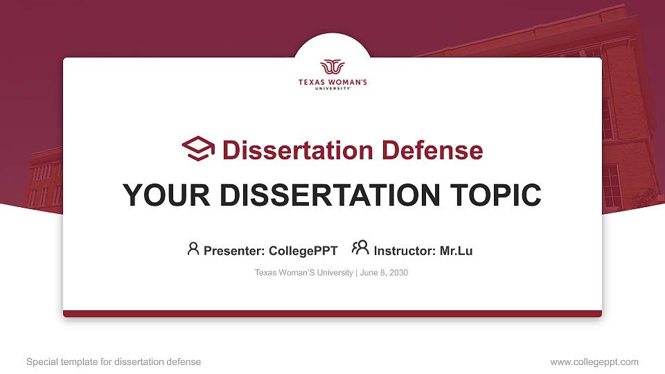 Texas Woman’S University Graduation Thesis Defense PPT Template16:9 ratio PPT effect preview image
