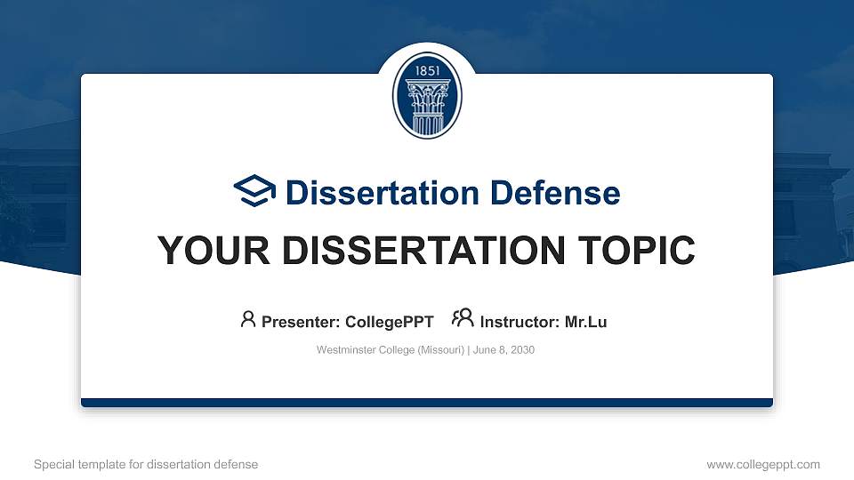 Westminster College (Missouri) Graduation Thesis Defense PPT Template16:9 ratio PPT effect preview image