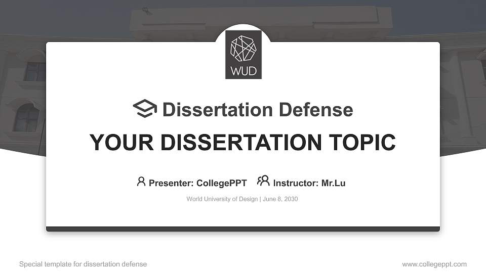 World University of Design Graduation Thesis Defense PPT Template16:9 ratio PPT effect preview image