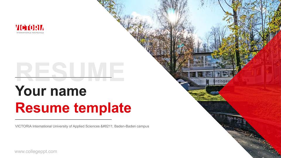 VICTORIA International University of Applied Sciences – Baden-Baden campus Resume PPT Template16:9 ratio PPT effect preview image