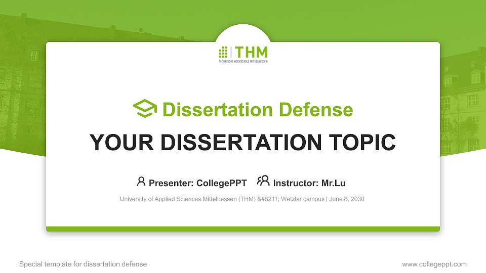 University of Applied Sciences Mittelhessen (THM) – Wetzlar campus Graduation Thesis Defense PPT Template16:9 ratio PPT effect preview image