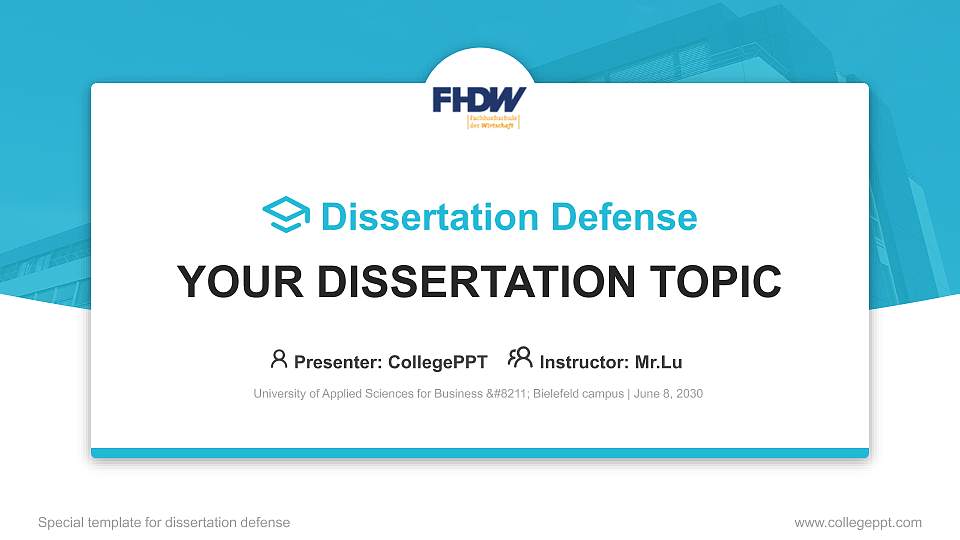 University of Applied Sciences for Business – Bielefeld campus Graduation Thesis Defense PPT Template16:9 ratio PPT effect preview image