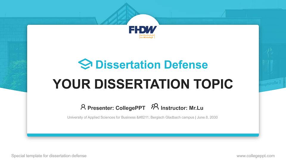 University of Applied Sciences for Business – Bergisch Gladbach campus Graduation Thesis Defense PPT Template16:9 ratio PPT effect preview image