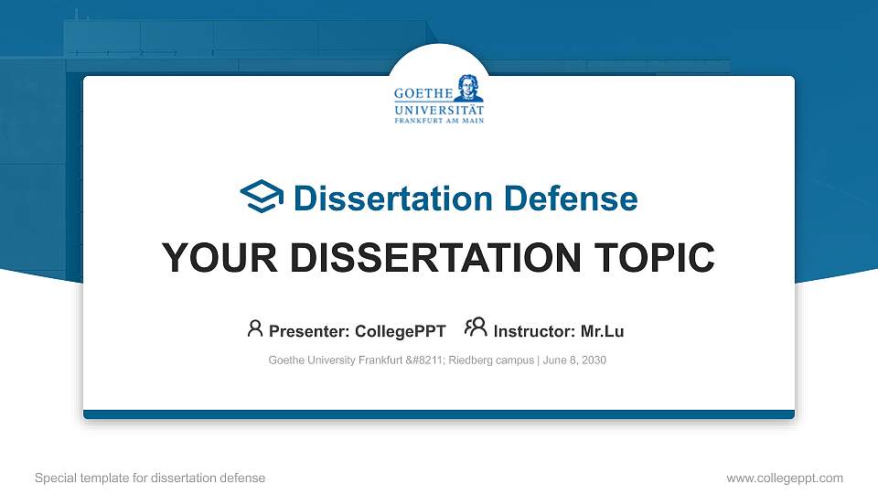 Goethe University Frankfurt – Riedberg campus Graduation Thesis Defense PPT Template16:9 ratio PPT effect preview image