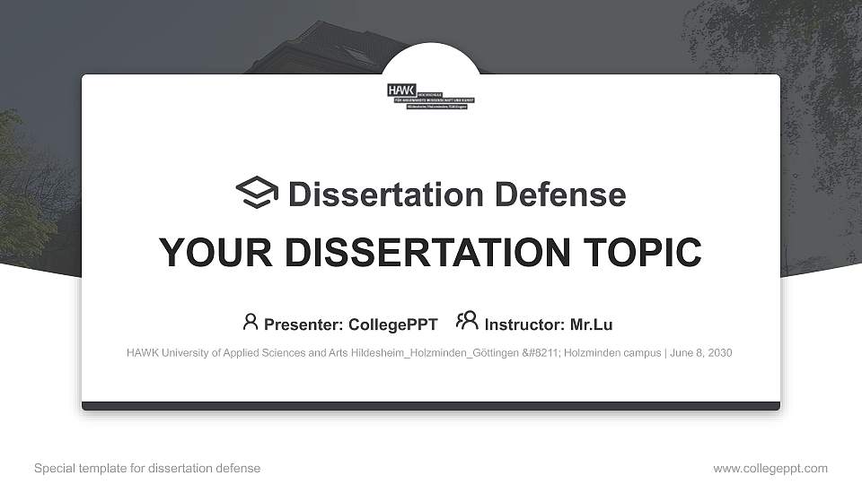 HAWK University of Applied Sciences and Arts Hildesheim_Holzminden_Göttingen – Holzminden campus Graduation Thesis Defense PPT Template16:9 ratio PPT effect preview image