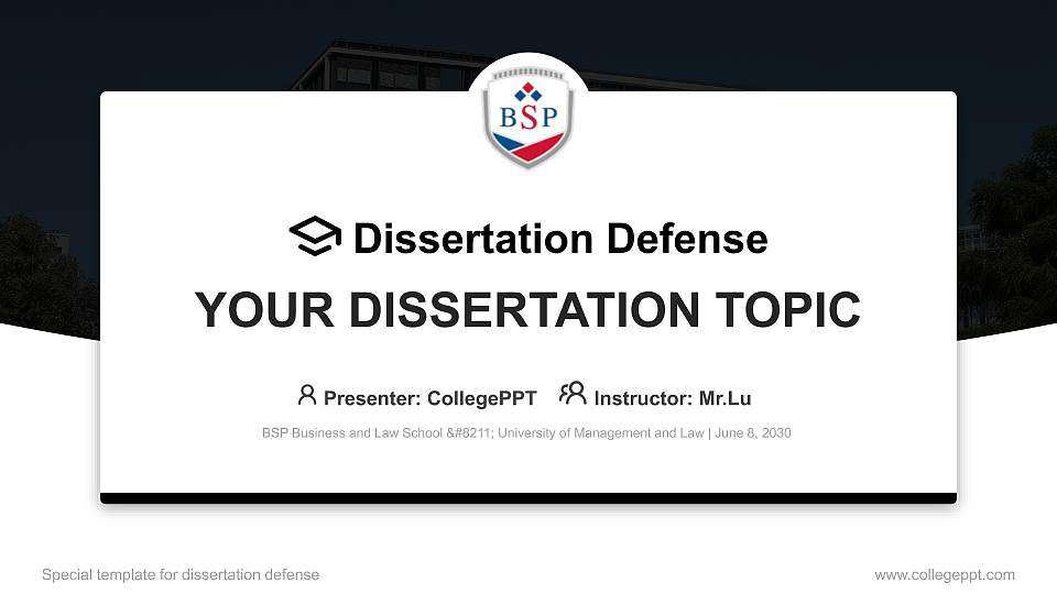 BSP Business and Law School – University of Management and Law Graduation Thesis Defense PPT Template16:9 ratio PPT effect preview image